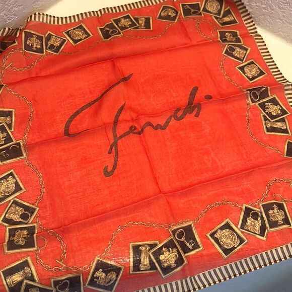 Vintage Fendi Regal Royalty Print Scarf Bright Red Orange Cotton Small - Picture 1 of 8